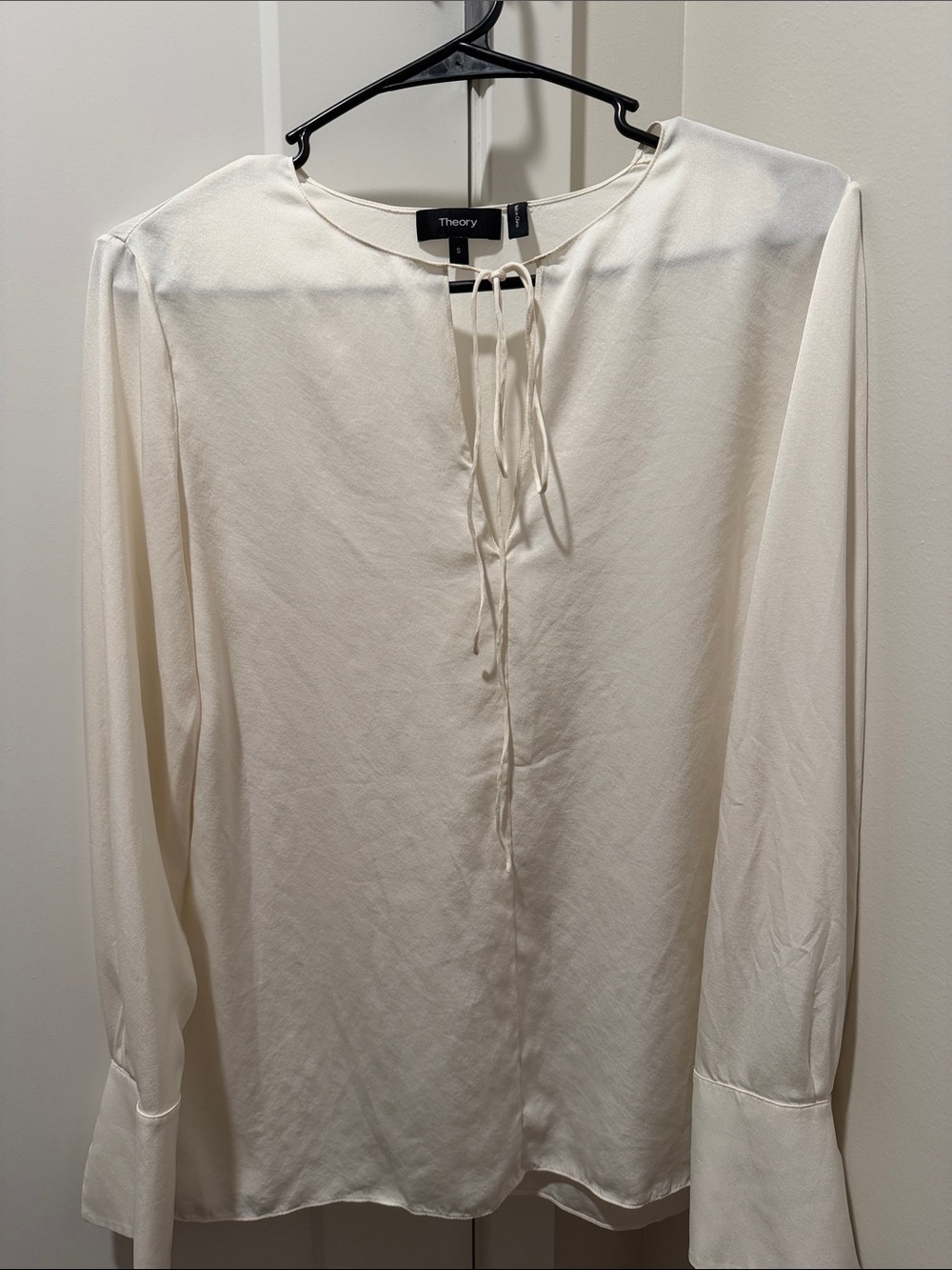 Theory Cream Tie-Neck Long Sleeve Blouse